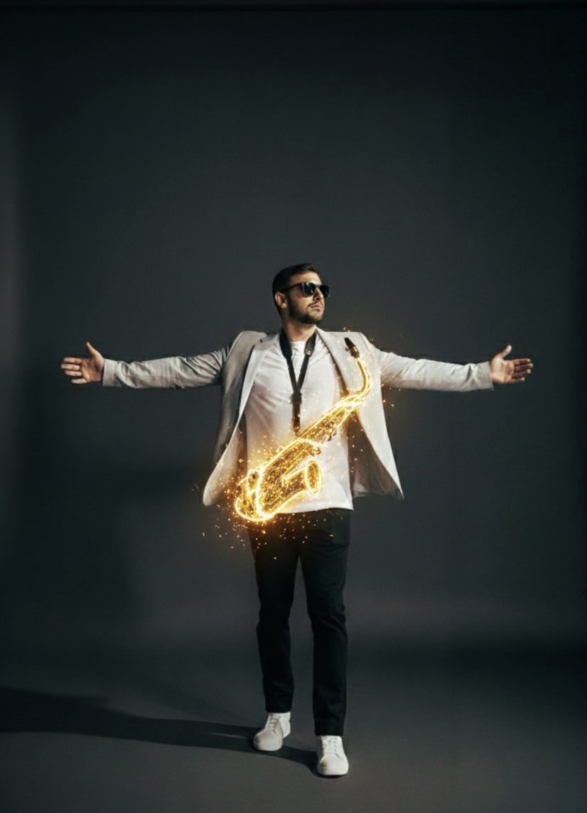 Bruno Daner de blazer claro e óculos escuros, braços abertos, com o saxofone iluminado em dourado